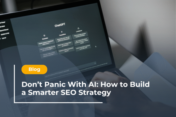 Don't Panic with SEO blog featured image Laptop showing Chat GPT