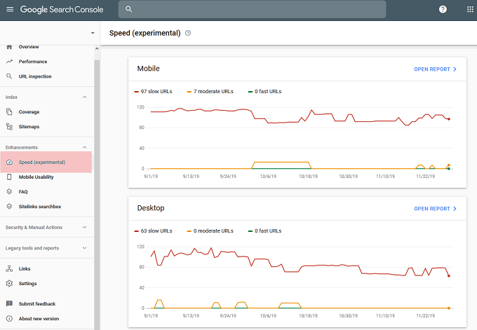 Google Search Console speed report