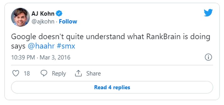 Tweet - Google doesn't understand what RankBrain is doing