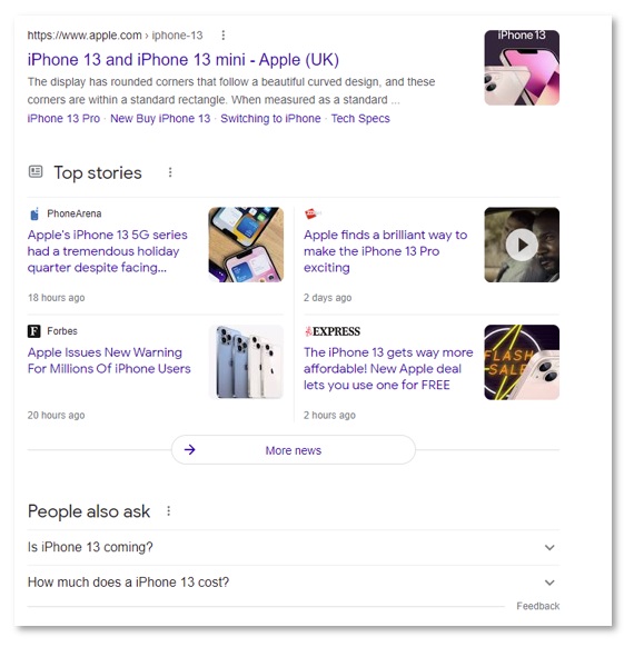 iphone13 SERPs screenshot - People Also Ask - December 2021 report